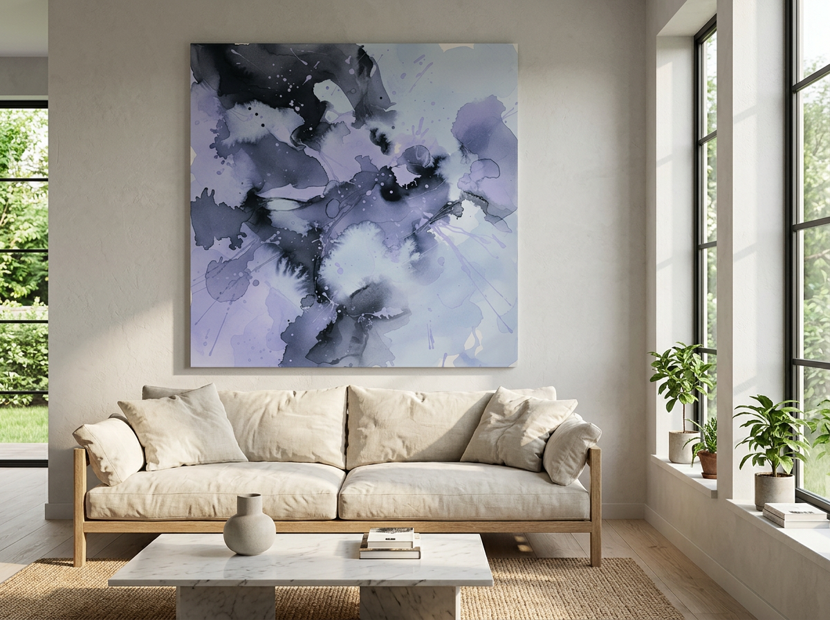 Statement abstract canvas above a linen sofa in a sunlit living room